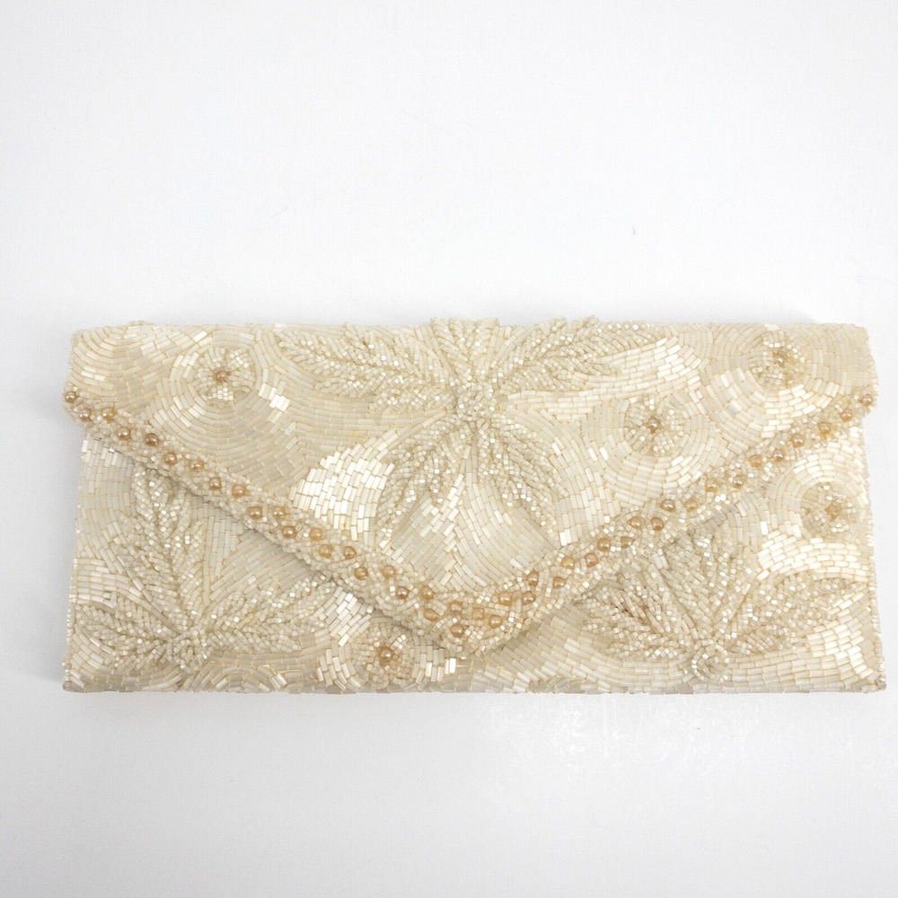 Vintage Off White Clutch Envelope Purse Beaded Snap Closure Hand Made Hong Kong